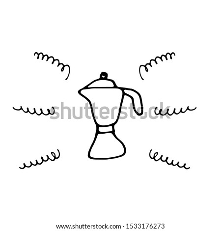 Coffee maker black and white doodle icon. Poster with coffee maker. Cute hand drawn gazer coffee maker. Vector isolated on white background.  Inscription for prints and posters, menu design, banners.