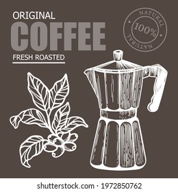 COFFEE MAKER And Coffee Branch Design Of Stickers And Labels For Dessert Drink Products In Vintage Style Hand Drawn Clip Art Vector Illustration Set For Print