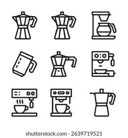 Coffee Maker and Brewing Machine Icons Set. Line Art Collection of Various Coffee Makers
