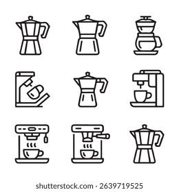 Coffee Maker and Brewing Machine Icons Set. Line Art Collection of Various Coffee Makers

