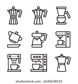 Coffee Maker and Brewing Machine Icons Set. Line Art Collection of Various Coffee Makers
