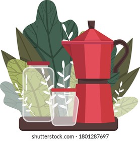 coffee maker with cans on a background of leaves