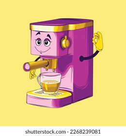 Coffee maker cartoon character. Espresso coffee maker vector.