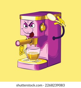 Coffee maker cartoon character. Espresso coffee maker vector.