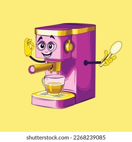 Coffee maker cartoon character. Espresso coffee maker vector.