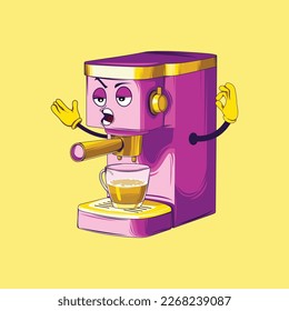 Coffee maker cartoon character. Espresso coffee maker vector.