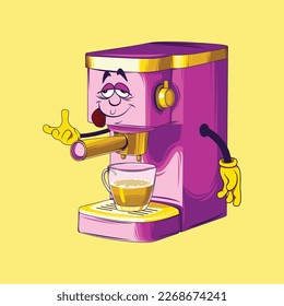 Coffee maker cartoon character. Espresso coffee maker vector.