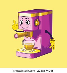 Coffee maker cartoon character. Espresso coffee maker vector.