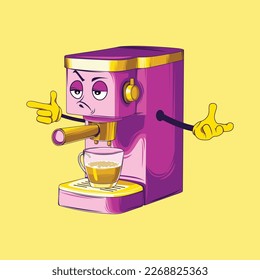 Coffee maker cartoon character. Espresso coffee maker vector.