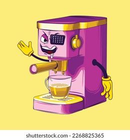 Coffee maker cartoon character. Espresso coffee maker vector.