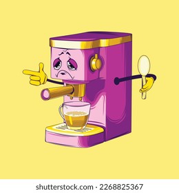 Coffee maker cartoon character. Espresso coffee maker vector.