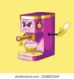 Coffee maker cartoon character. Espresso coffee maker vector.