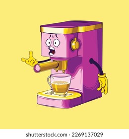 Coffee maker cartoon character. Espresso coffee maker vector.