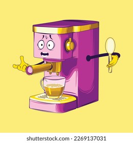 Coffee maker cartoon character. Espresso coffee maker vector.