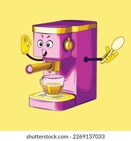 Coffee maker cartoon character. Espresso coffee maker vector.