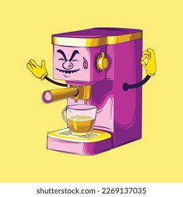 Coffee maker cartoon character. Espresso coffee maker vector.