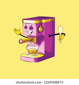 Coffee maker cartoon character. Espresso coffee maker vector.