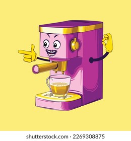 Coffee maker cartoon character. Espresso coffee maker vector.