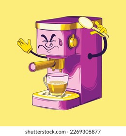 Coffee maker cartoon character. Espresso coffee maker vector.