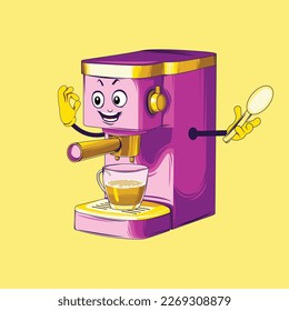 Coffee maker cartoon character. Espresso coffee maker vector.