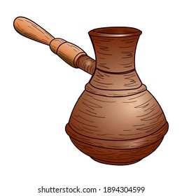 Cafetera, cezva, con soporte de madera de mango de cobre, fuente vectorial de ilustración para diseño y decoración, pegatina, afiche, plantilla, utensilios de cocina de cobre