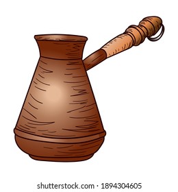 Coffee maker, cezva, with wood handle copper color stock vector illustration for design and decor, sticker, poster, template, copper cookware