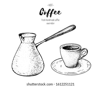 Coffee maker cezve hand drawn sketch. Vintage vector illustration. Make espresso coffee. 