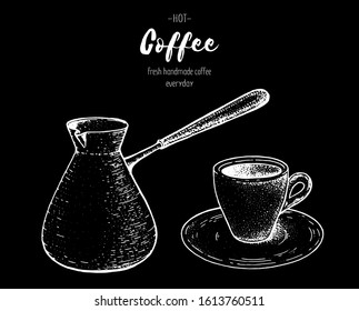 Coffee maker cezve hand drawn sketch. Vintage vector illustration. Make espresso coffee. 
