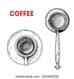 Coffee maker cezve hand drawn sketch. Top view. Vintage vector illustration. Turkish coffee.
