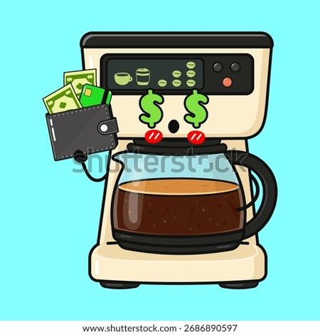 Coffee maker character with dollar sign eyes holding a wallet full of money, representing expensive coffee or consumerism