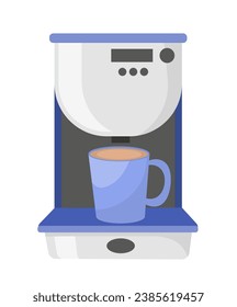 Coffee maker concept. Blue apparatus for making hot drinks. Aroma and beverage. Cappuccino, americano and latte. Social media sticker. Cartoon flat vector illustration isolated on white background
