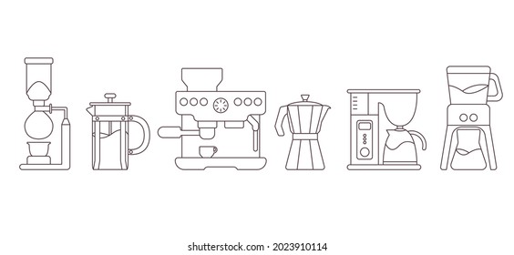 Coffee maker contour set isolated vector illustration. Cappuccino brewing machines design elements. Barista equipment collection in outline style.
