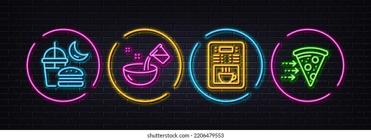 Coffee maker, Cooking water and Night eat minimal line icons. Neon laser 3d lights. Food delivery icons. For web, application, printing. Tea machine, Glass, Junk food. Piece of pizza. Vector