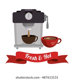 coffee maker with cup and banner graphic