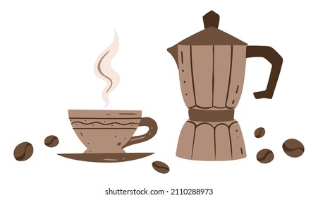 Coffee maker, coffee cup and beans, color illustration in cartoon style, vector