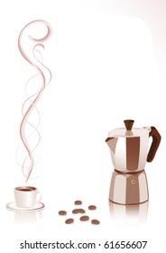 Coffee maker, a cup of coffee and coffee beans isolated on a white background