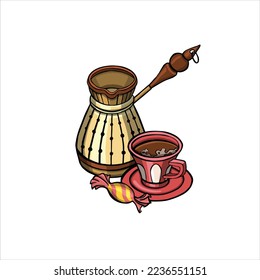 coffee maker and cup of black coffee with candy vector illustration