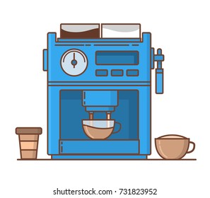 Coffee maker cup with cappuccino and paper cup.A cappuccino with a skin and milk.Coffee maker flat style a vector.Paper or plastic cup.Electric household appliances for house and office.

