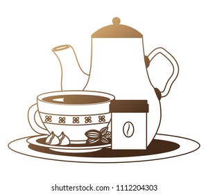 coffee maker and cup with cocoa beans on tray