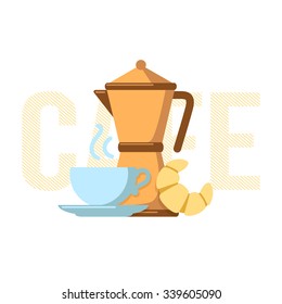 Coffee maker, coffee cup and croissant. Simple vector illustration of drink and cookies. 