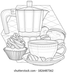 
Coffee maker, cup and desserts.Coloring book antistress for children and adults. Illustration isolated on white background.Black and white drawing.Zen-tangle style.