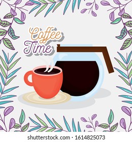 coffee maker and cup in dish leaves fresh beverage vector illustration
