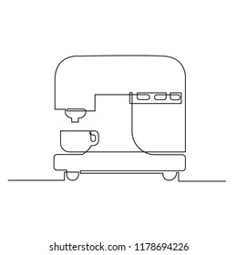 The coffee maker and cup is drawn by a single black line on a white background. Continuous line drawing. Vector illustration.