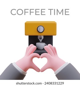 Coffee maker with cup of drink. Man showing heart sign. Concept of coffee time. Vector illustration in 3d style with white background and place for text