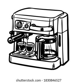 Coffee maker with cup. Coffee maker and cup hand drawn on white background. Coffee maker and cup sketch illustration. Coffee maker and cup vector illustration.

