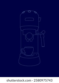 A coffee maker with a cup on top of it. The coffee maker is blue and has a handle