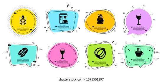 Coffee maker, Coffee cup and Pecan nut line icons set. Chat bubbles with quotes. Gluten free, Hazelnut and Wineglass signs. Tea cup, Wine glass symbols. Tea machine, Hot drink. Vector