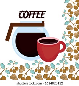 coffee maker and cup seeds leaves fresh beverage vector illustration