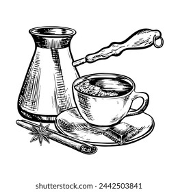 A coffee maker and a cup of coffee with spices anise and cinnamon. Hand-drawn, vector black-and-white graphic illustration. For printing, menus, postcards and packages. For banners, flyers and posters