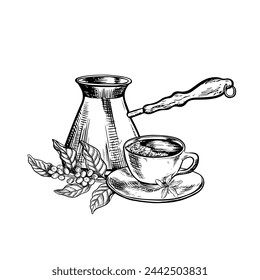 A coffee maker and a cup of coffee. Vector black and white graphic illustration, hand-drawn. On a white background. For printing, menus, postcards and packages. For banners, flyers and posters.